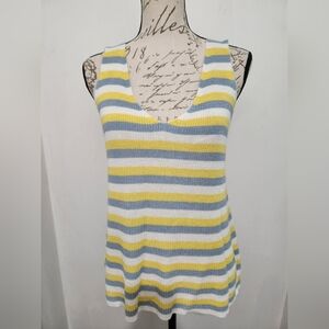 Boho, Day to Day Blu Pepper Knit Shirt. Size Small. Blue/White/Yellow Stripes.